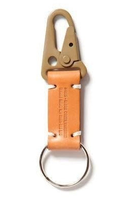 Keychain with orange leather strap and metal clip on a white background
